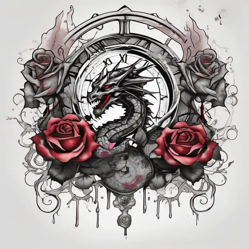Dark cancer zodiac sign tattoo with dragon, clock and roses on background fishing tattoos – Acuarela, Blanco y negro